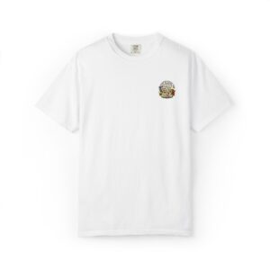 3156046674383648226_2048.jpeg White T-Shirt with Small Golden Sunburst Chest Graphic